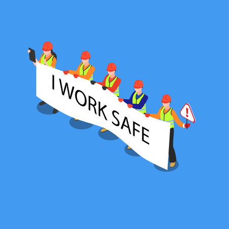 workers wearing personal protective equipment with I work safe poster 3d isometric vector illustration concept for banner, website, landing page, ads, flyer templateのイラスト素材