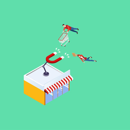 Store attraction customers 3d isometric vector illustration concept for banner, website, landing page, ads, flyer templateのイラスト素材