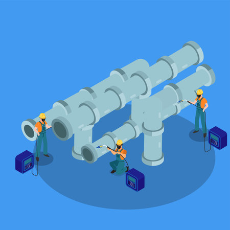 Welders in protective masks working on pipeline 3d isometric vector illustration concept for banner, website, landing page, ads, flyer templateのイラスト素材