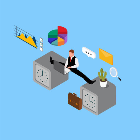 Businessman with flexible work time schedule 3d isometric vector illustration concept for banner, website, landing page, ads, flyer templateのイラスト素材