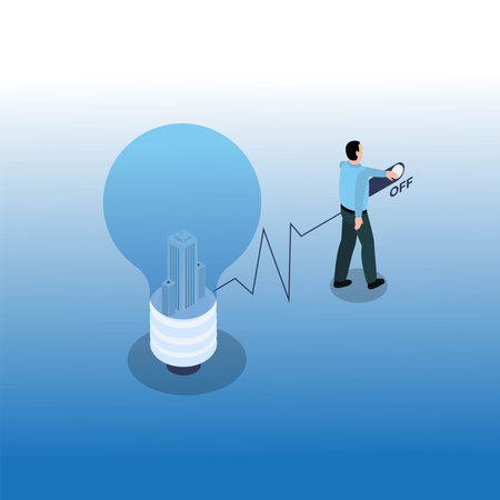 Man switch off lightbulb to save energy consumption 3d isometric vector illustration concept for banner, website, landing page, ads, flyer templateのイラスト素材