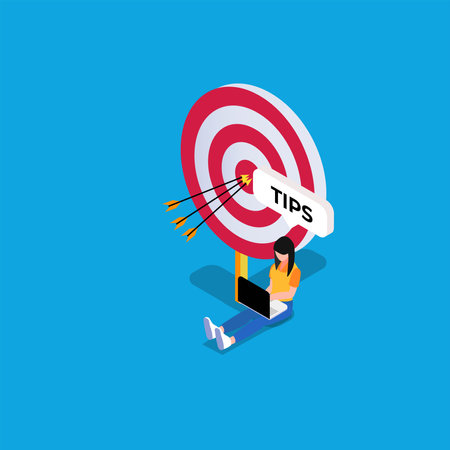 Businesswoman works on laptop with bullseye 3d isometric vector illustration concept for banner, website, landing page, ads, flyer templateのイラスト素材