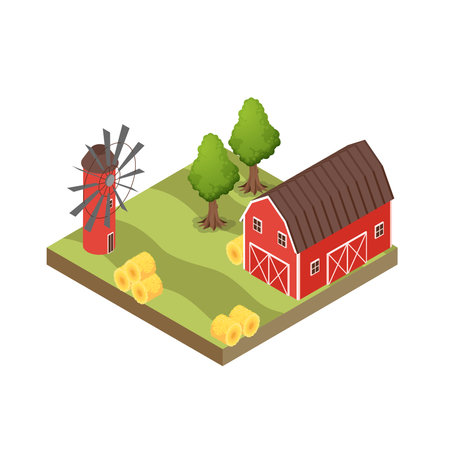 Rural landscape farmland with wooden barn and mill 3d isometric vector illustration concept for banner, website, landing page, ads, flyer templateのイラスト素材