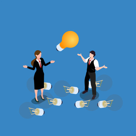 Business people with lots of light bulbs off and only one on 3d isometric vector illustration concept for banner, website, landing page, ads, flyer templateのイラスト素材