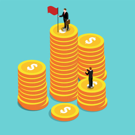Businessman standing on stack of coins with a red flag 3d isometric vector illustration concept for banner, website, landing page, ads, flyer templateのイラスト素材