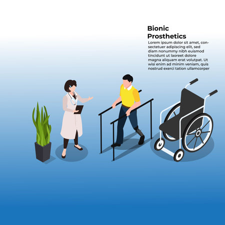 Doctor helps male patient with prosthesis 3d isometric vector illustration concept for banner, website, landing page, ads, flyer templateのイラスト素材