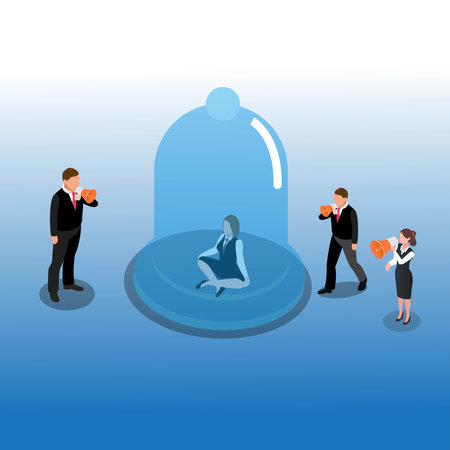 Businesswoman sitting inside glass dome meditating surrounded by people screaming in megaphones 3d isometric vector illustration concept for banner, website, landing page, ads, flyer templateのイラスト素材