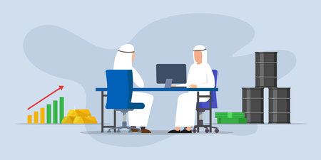 Oil barrels, gold ingots, money. Arab muslim businessman characters working 2d vector illustration concept for banner, website, illustration, landing page, flyerのイラスト素材