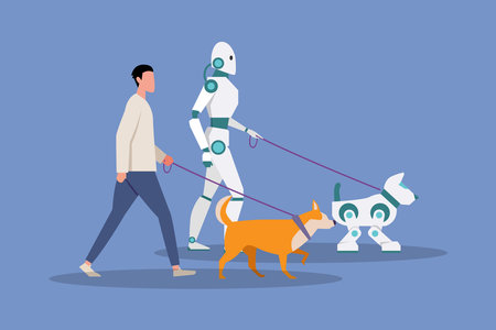 robotic character and man walking with pet 2d vector illustration concept for banner, website, illustration, landing page, flyerのイラスト素材