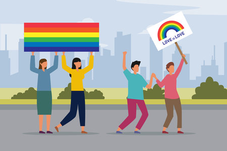 Diverse people supporting LGBT plus rights and movements 2d vector illustration concept for banner, website, illustration, landing page, flyerのイラスト素材