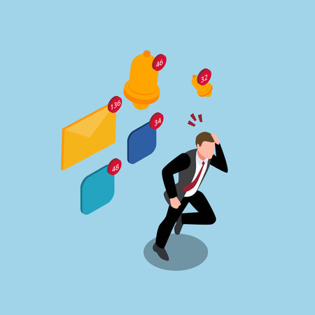 Stressed businessman with email and social media notification 3d isometric vector illustration concept for banner, website, landing page, ads, flyer templateのイラスト素材