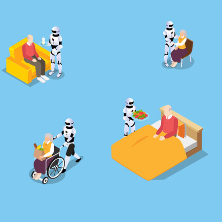 Robots supports pensioners in different activities 3d isometric vector illustration concept for banner, website, landing page, ads, flyer templateのイラスト素材