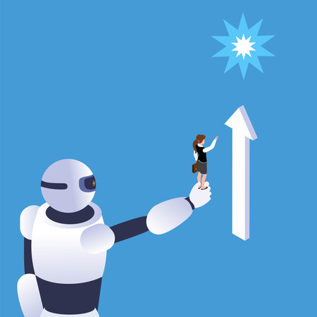 Robot help woman. Businesswoman and robot 3d isometric vector illustration concept for banner, website, landing page, ads, flyer templateのイラスト素材