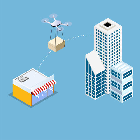 Drone delivery City background 3d isometric vector illustration concept for banner, website, landing page, ads, flyer templateのイラスト素材