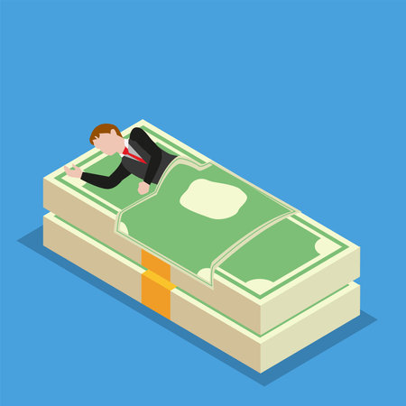businessman in suit sleeping or napping on pack or pile of cash or money 3d isometric vector illustration concept for banner, website, landing page, ads, flyer templateのイラスト素材