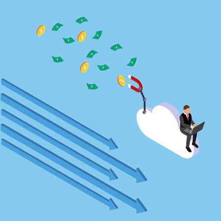 Businessman working on cloud flying attracting money 3d isometric vector illustration concept for banner, website, landing page, ads, flyer templateのイラスト素材
