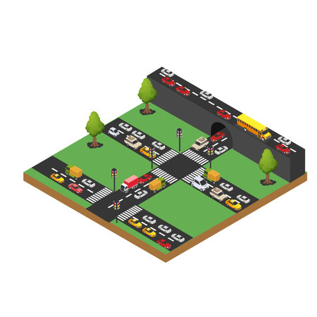 Traffic jam at the road intersection 3d isometric vector illustration concept for banner, website, landing page, ads, flyer templateのイラスト素材