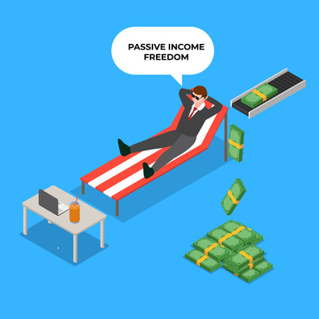 Successful businessman and passive income 3d isometric vector illustration concept for banner, website, landing page, ads, flyer templateのイラスト素材