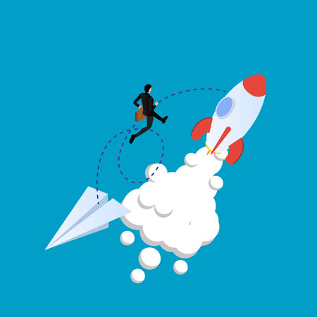 Motivated businessman jumps from paper plane to a fast rocket 3d isometric vector illustration concept for banner, website, landing page, ads, flyer templateのイラスト素材