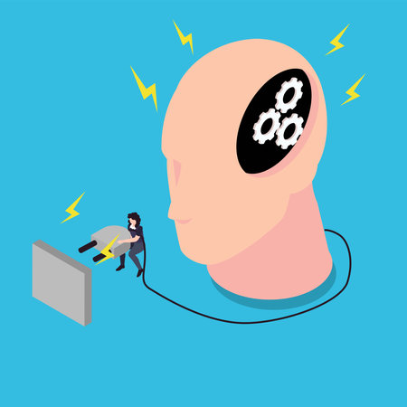Human head with gear wheels inside and woman putting power plug into socket 3d isometric vector illustration concept for banner, website, landing page, ads, flyer templateのイラスト素材