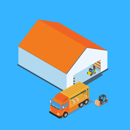 Warehouse Loading Truck Working Forklift 3d isometric vector illustration concept for banner, website, landing page, ads, flyer templateのイラスト素材