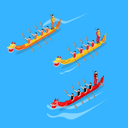 Dragon boat festival - people in long vessels on water 3d isometric vector illustration concept for banner, website, landing page, ads, flyer templateのイラスト素材