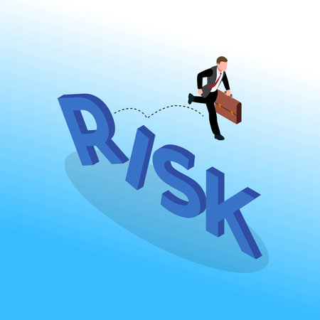 Businessman jumping over the word RISK 3d isometric vector illustration concept for banner, website, landing page, ads, flyer templateのイラスト素材