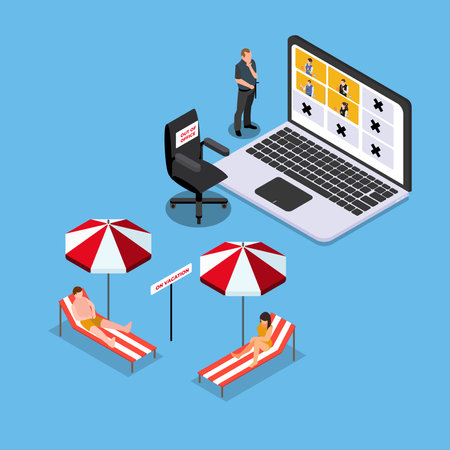 Laptop with Employees Out of Office go for vacation and Empty Armchair 3d isometric vector illustration concept for banner, website, landing page, ads, flyer templateのイラスト素材