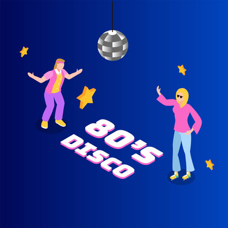 Young woman dancing 80s disco 3d isometric vector illustration concept for banner, website, landing page, ads, flyer templateのイラスト素材