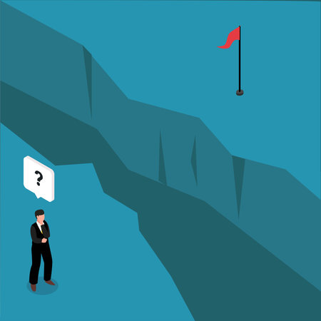 Businessman standing on cliff are thinking of way to cross the gap to the flag of success 3d isometric vector illustration concept for banner, website, landing page, ads, flyer templateのイラスト素材
