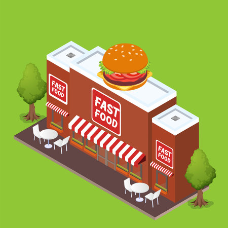 Fast food hamburger restaurant building 3d isometric vector illustration concept for banner, website, landing page, ads, flyer templateのイラスト素材