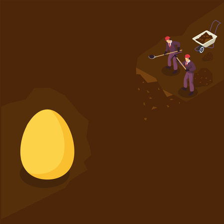 Businessmen digging the ground to find golden eggs 3d isometric vector illustration concept for banner, website, landing page, ads, flyer templateのイラスト素材