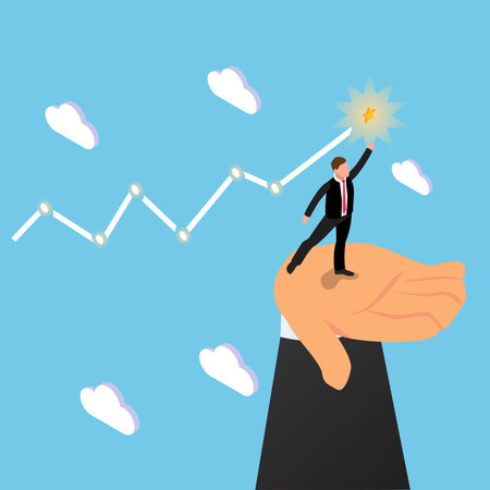 Businessman standing on the hand reaching for the goal 3d isometric vector illustration concept for banner, website, landing page, ads, flyer templateのイラスト素材