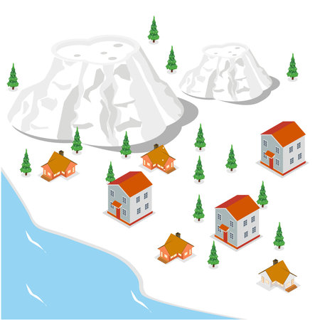 Winter mountain with cottages 3d isometric vector illustration concept for banner, website, landing page, ads, flyer templateのイラスト素材