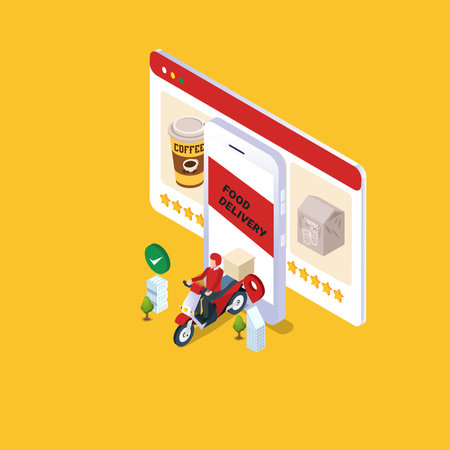 Food delivery app on a smartphone 3d isometric vector illustration concept for banner, website, landing page, ads, flyer templateのイラスト素材