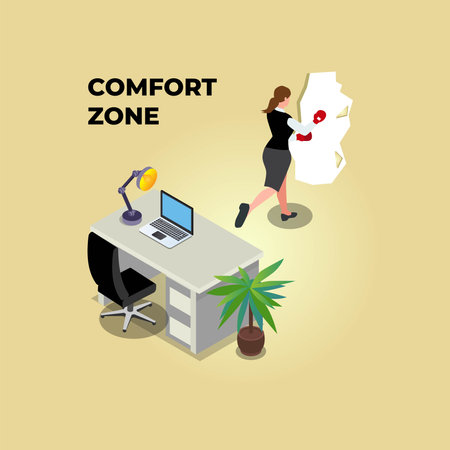 Businesswoman punching wall to get out from her comfort zone 3d isometric vector illustration concept for banner, website, landing page, ads, flyer templateのイラスト素材