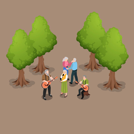 Senior people playing music at park 3d isometric vector illustration concept for banner, website, landing page, ads, flyer templateのイラスト素材
