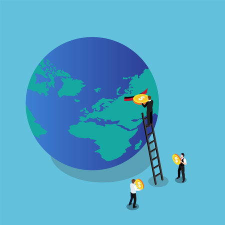 Global investments - People puts a coin into a piggy bank in the form of the Earth 3d isometric vector illustration concept for banner, website, landing page, ads, flyer templateのイラスト素材
