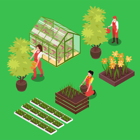 greenhouse with seedling and care of plants 3d isometric vector illustration concept for banner, website, landing page, ads, flyer templateのイラスト素材