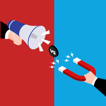 Pull vs push strategy 3d isometric vector illustration concept for banner, website, landing page, ads, flyer templateのイラスト素材