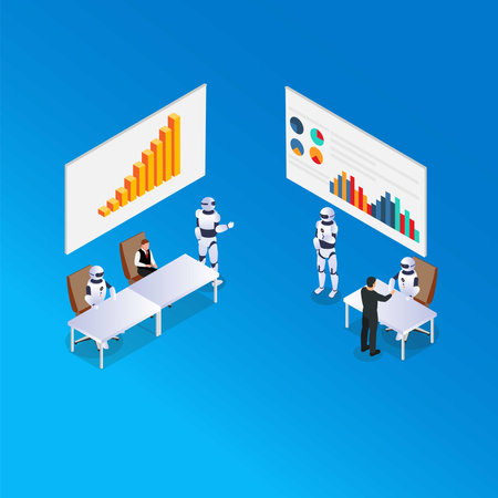 Human artificial intelligence interaction with men and women meeting robots 3d isometric vector illustration concept for banner, website, landing page, ads, flyer templateのイラスト素材
