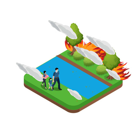 Young parents and children walking from forest fire while wearing face mask 3d isometric vector illustration concept for banner, website, landing page, ads, flyer templateのイラスト素材
