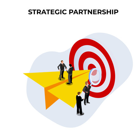 Strategic business partnership - Businessmen handshake agree to work together to achieve goal 3d isometric vector illustration concept for banner, website, landing page, ads, flyer templateのイラスト素材