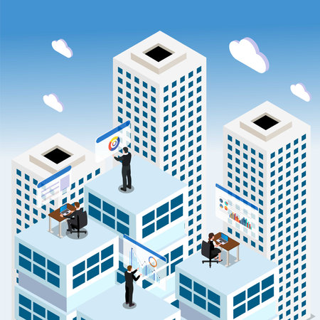 People working on data at rooftop building - cityscape 3d isometric vector illustration concept for banner, website, landing page, ads, flyer templateのイラスト素材