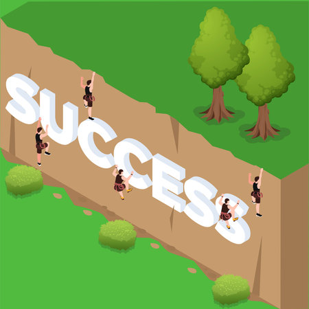People climbing the success wall 3d isometric vector illustration concept for banner, website, landing page, ads, flyer templateのイラスト素材