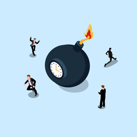 Business people running away from a time bomb about to explode 3d isometric vector illustration concept for banner, website, landing page, ads, flyer templateのイラスト素材