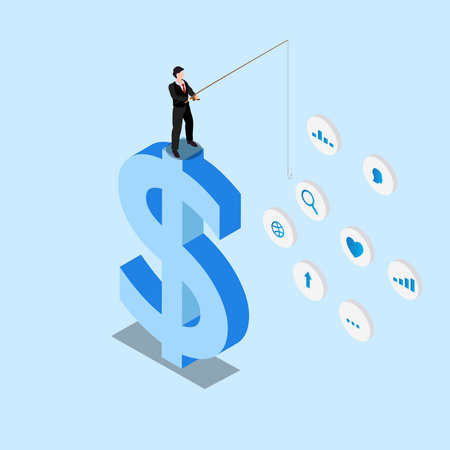 Businessman fishing standing on top of huge dollar 3d isometric vector illustration concept for banner, website, landing page, ads, flyer templateのイラスト素材