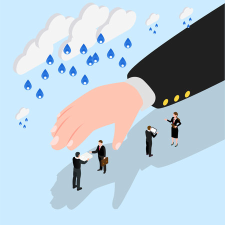 Big hand protecting employees working from rain 3d isometric vector illustration concept for banner, website, landing page, ads, flyer templateのイラスト素材
