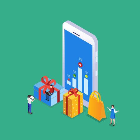 Happy shopper with gifts 3d isometric vector illustration concept for banner, website, landing page, ads, flyer templateのイラスト素材