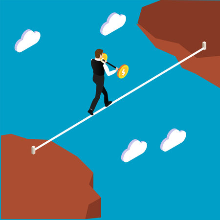 Businessman walking through the gap on the rope 3d isometric vector illustration concept for banner, website, landing page, ads, flyer templateのイラスト素材